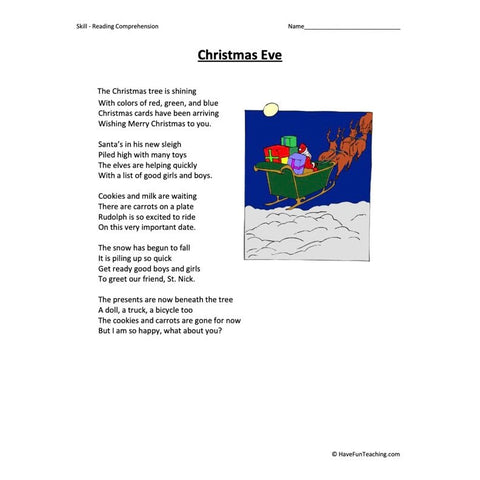 Christmas Eve Reading Comprehension Worksheet
