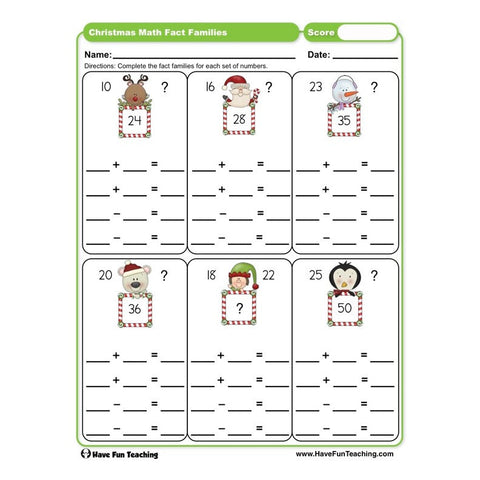 Christmas Math Fact Families Worksheet