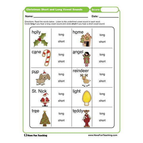 Christmas Short and Long Vowel Sounds Worksheet