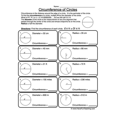 Circles Worksheet 2