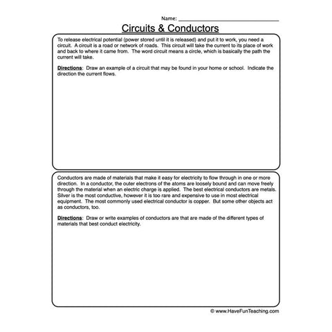 Circuits Conductors Worksheet