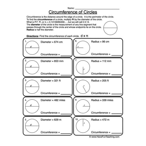 Circumference Circles Worksheet