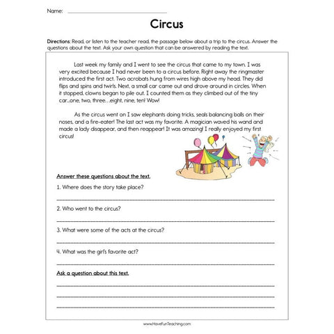 Circus Reading Comprehension Worksheet