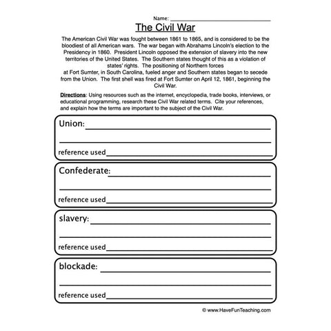 Civil War Worksheet