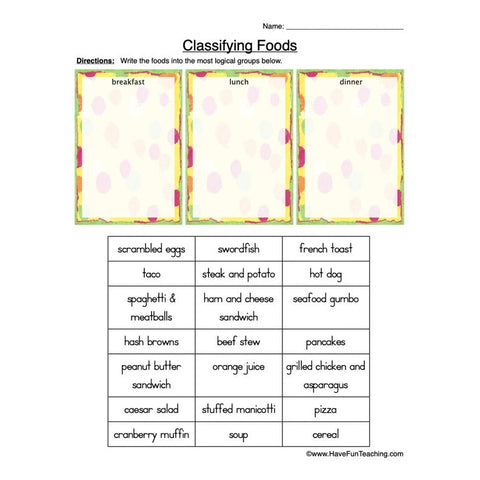Classifying Food Worksheet