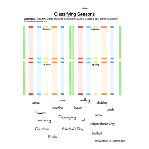 Classifying Seasons Worksheet