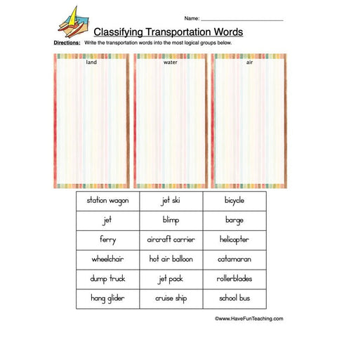 Classifying Transportation Worksheet