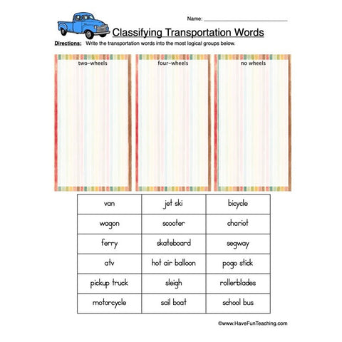 Classifying Transportation Worksheet 2