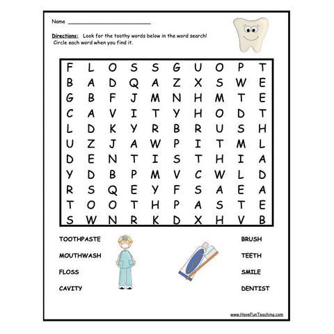 Clean Teeth Word Search Worksheet