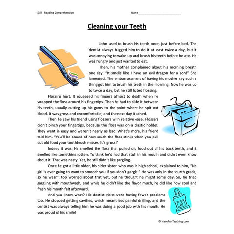 Cleaning Your Teeth Reading Comprehension Worksheet