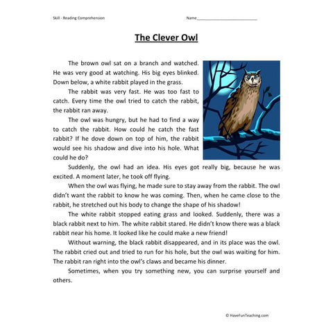 Clever Owl Reading Comprehension Worksheet