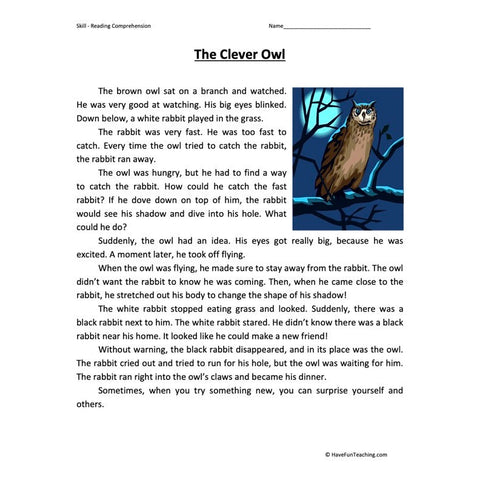 Clever Owl Reading Comprehension Worksheet 2