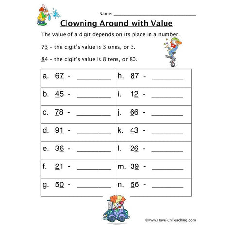 Clown Place Value Worksheet