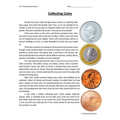 Collecting Coins Reading Comprehension Worksheet