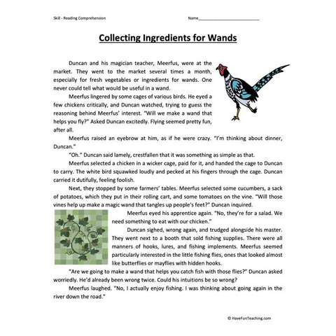 Collecting Ingredients for Wands Reading Comprehension Worksheet