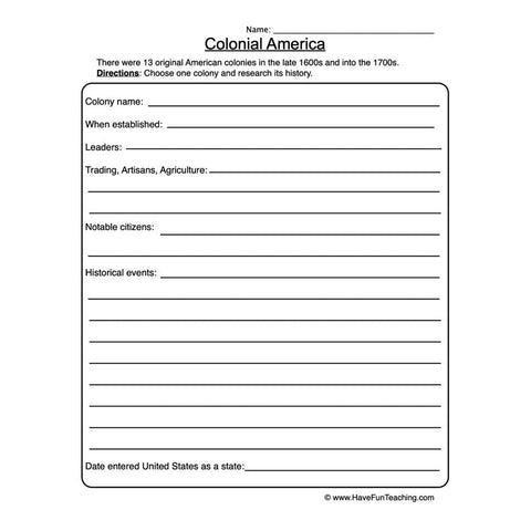 Colonial America Worksheet