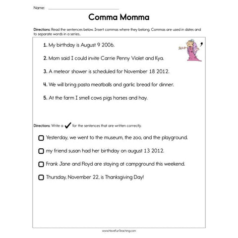 Comma Momma Worksheet