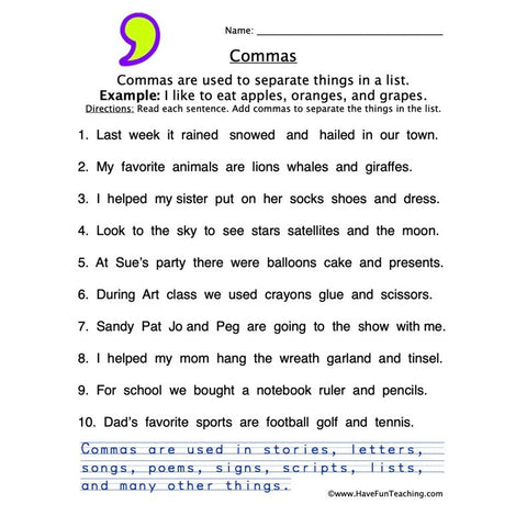 Comma Worksheet 2