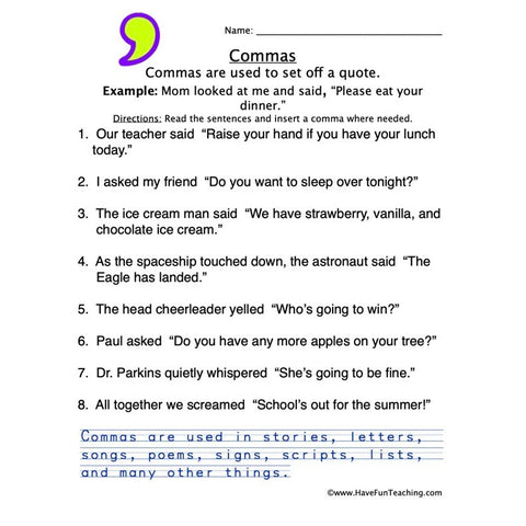 Comma Worksheet 4