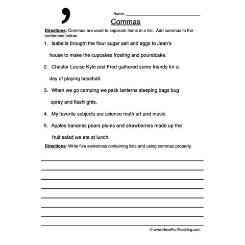 Commas Worksheet