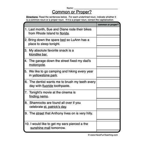 Common Proper Nouns Worksheet