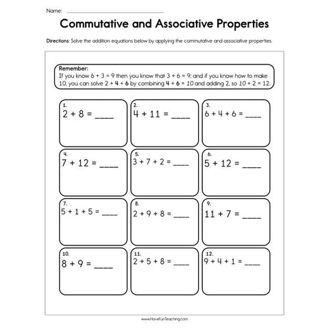 Commutative and Associative Properties Worksheet