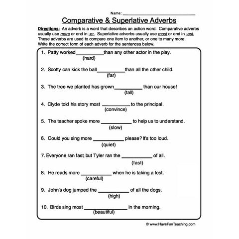 Comparative Superlative Adverbs Worksheet