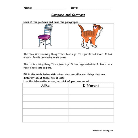 Compare and Contrast Chair Cat Worksheet