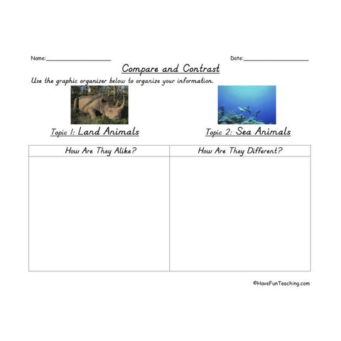 Compare and Contrast Land Sea Animals Worksheet