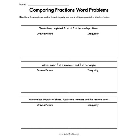 Comparing Fractions Word Problems Worksheet