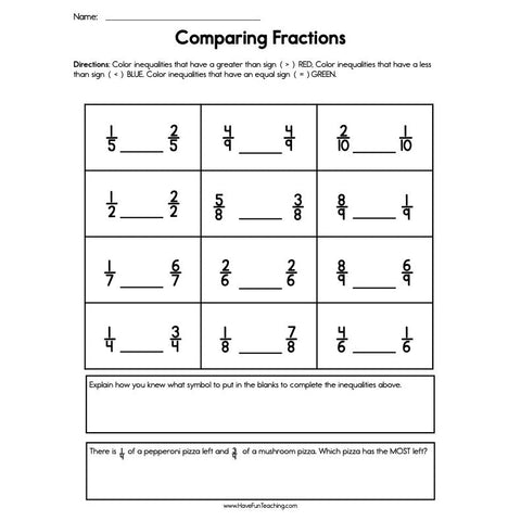 Comparing Fractions Worksheet