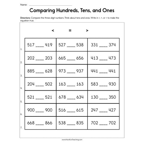 Comparing Hundreds Tens and Ones Worksheet