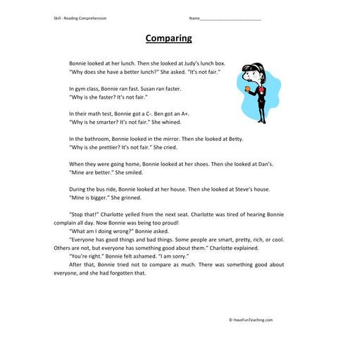Comparing Reading Comprehension Worksheet