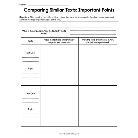 Comparing Similar Texts Important Points Worksheet