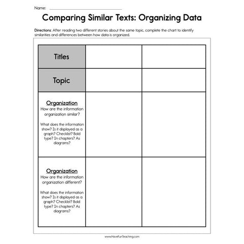 Comparing Similar Texts Organizing Data Worksheet