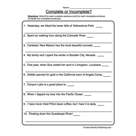 Complete and Incomplete Sentences Worksheet