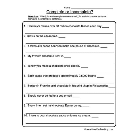 Complete and Incomplete Sentences Worksheet 2