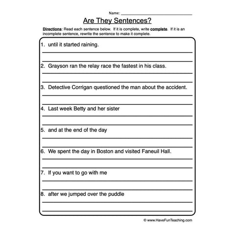 Are They Sentences? Worksheet