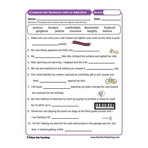 Complete the Sentence with an Adjective Worksheet