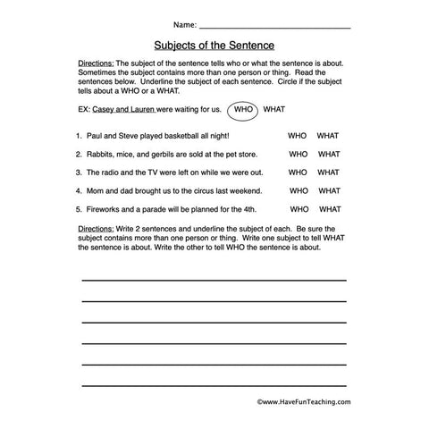 Compound Subjects Worksheet
