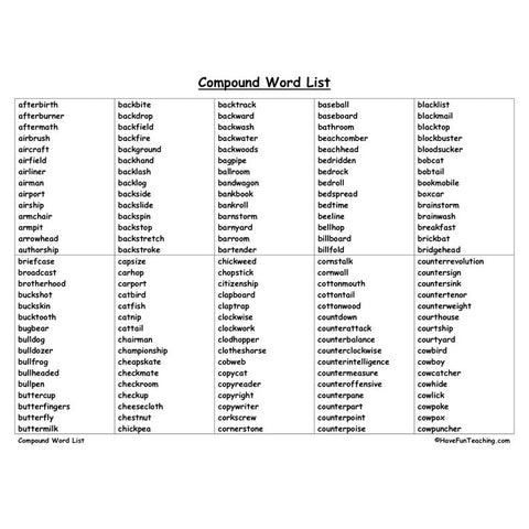 Compound Word List Worksheet