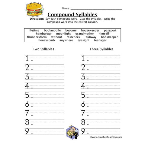 Compound Word Syllables Worksheet 2