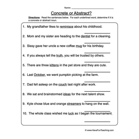 Concrete Abstract Nouns Worksheet