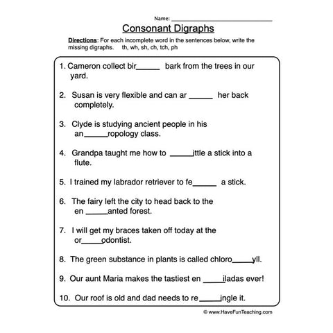Consonent Digraphs Worksheet