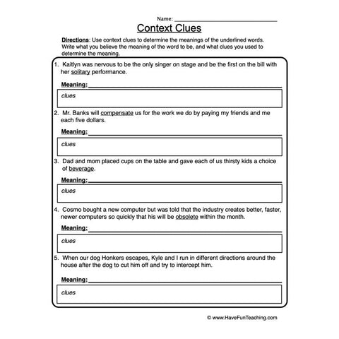 Context Clues Worksheet