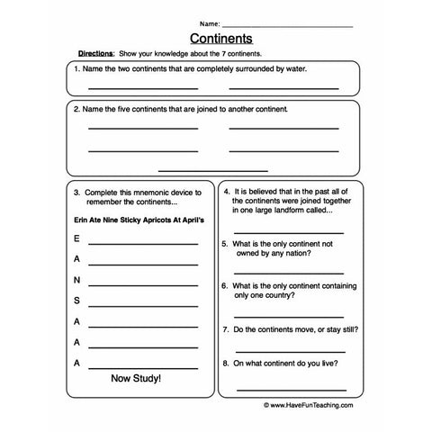 Continents Worksheet