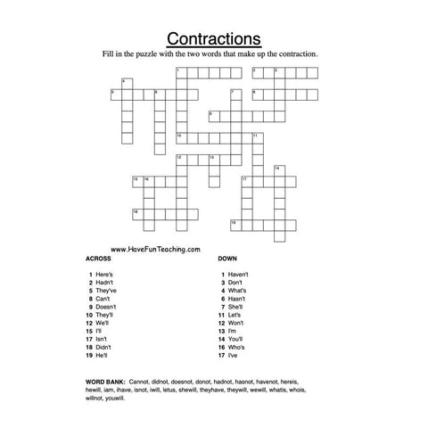 Contractions Crossword Puzzle Worksheet