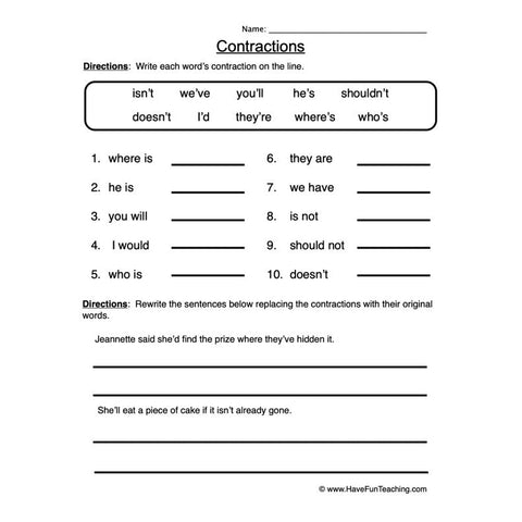 Contractions Worksheet