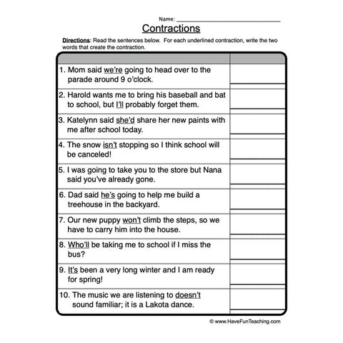 Contractions Worksheet 4