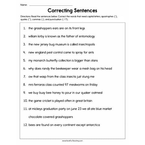 Correcting Sentences Worksheet